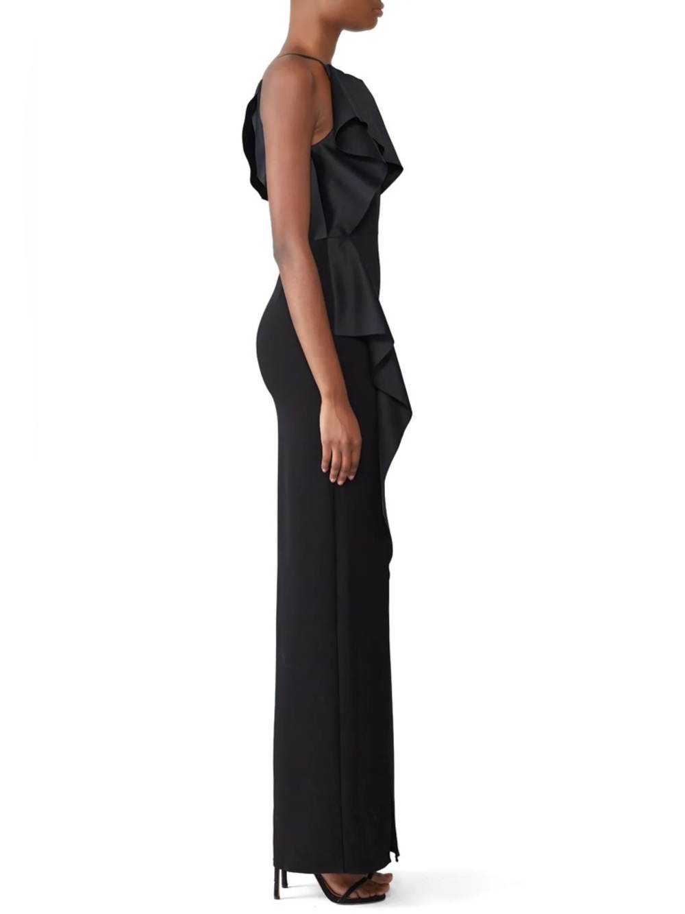 Halston Heritage Draped Column Gown Black Maxi Dress Ruffle Sz 4 - Picture 3 of 15